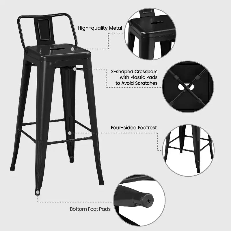 Tabourets de bar en métal Yaheetech 30 H, lot de 4 pour restaurant et maison, noirs