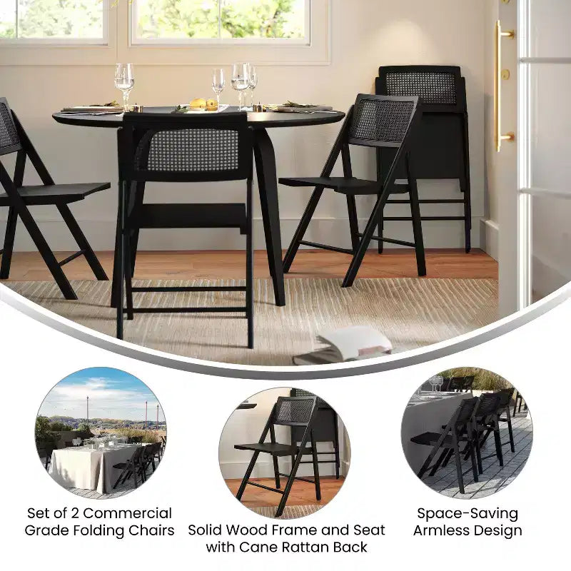 Flash Furniture Galene Lot de 2 chaises pliantes en rotin et canne avec cadre et assise en bois massif et dossier ventilé, parfaites pour les événements ou comme sièges supplémentaires