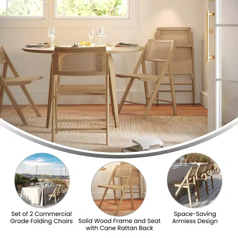 Flash Furniture Galene Lot de 2 chaises pliantes en rotin et canne avec cadre et assise en bois massif et dossier ventilé, parfaites pour les événements ou comme sièges supplémentaires