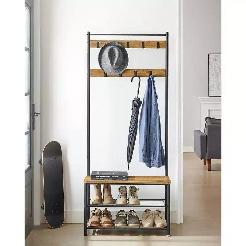 Porte-manteau d'entrée VASAGLE avec banc à chaussures, noyer rustique et noir