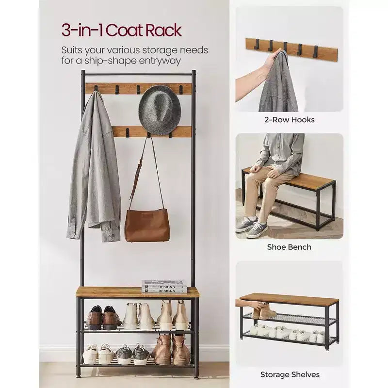 Porte-manteau d'entrée VASAGLE avec banc à chaussures, noyer rustique et noir