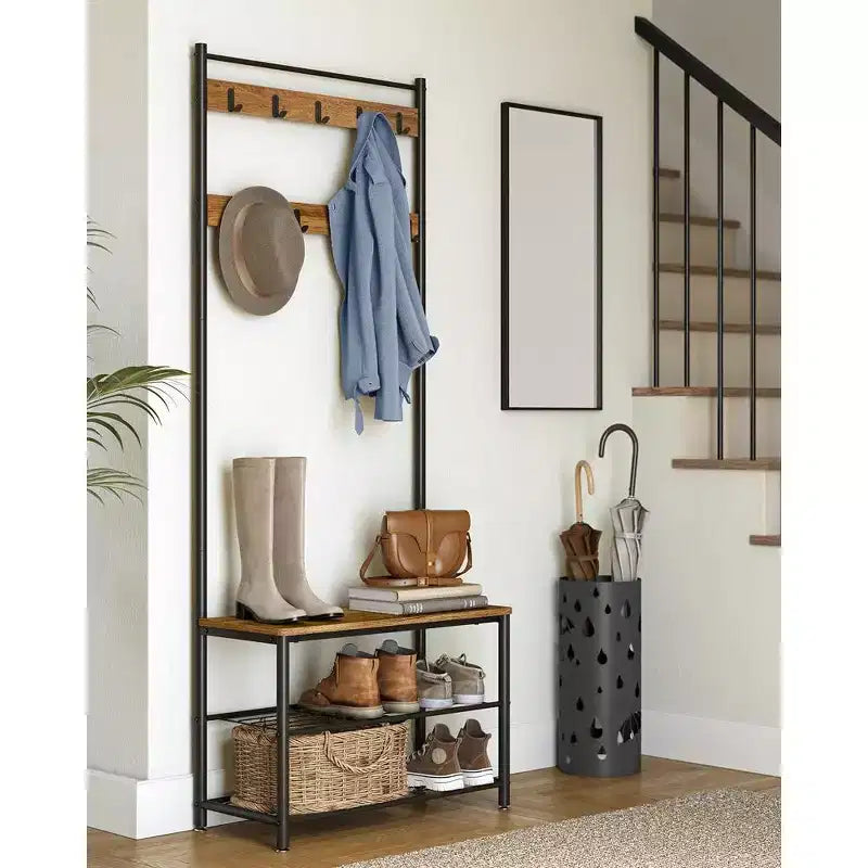 Porte-manteau d'entrée VASAGLE avec banc à chaussures, noyer rustique et noir