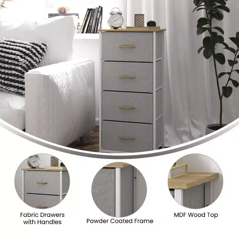 Commode de rangement à 4 tiroirs Emma et Oliver avec cadre en fonte, plateau en bois et tiroirs en tissu faciles à tirer avec poignées en bois