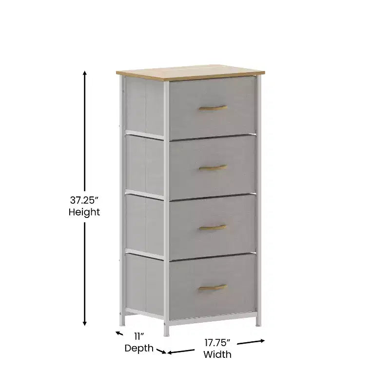 Commode de rangement à 4 tiroirs Emma et Oliver avec cadre en fonte, plateau en bois et tiroirs en tissu faciles à tirer avec poignées en bois