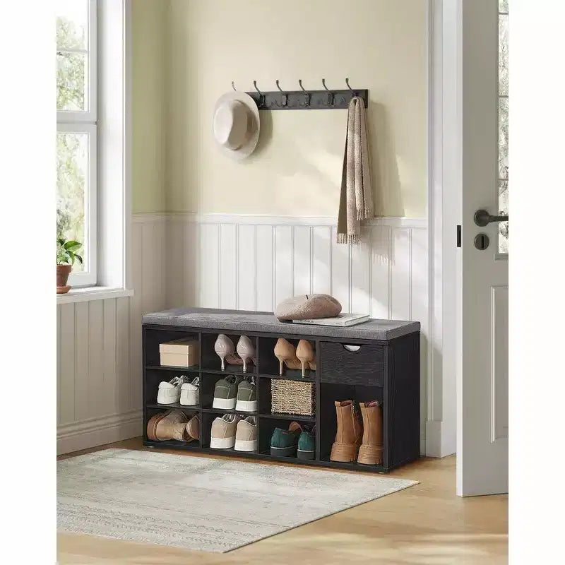 Storage Bench with Cushion, Drawer, and Open Compartments Organize Shoes and Essentials with Ease