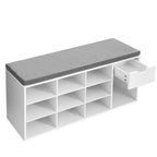 Banc de rangement avec coussin, tiroir et compartiments ouverts Organisez facilement chaussures et essentiels