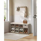 Banc de rangement avec coussin, tiroir et compartiments ouverts Organisez facilement chaussures et essentiels