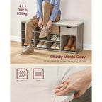 Banc de rangement avec coussin, tiroir et compartiments ouverts Organisez facilement chaussures et essentiels
