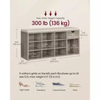 Banc de rangement avec coussin, tiroir et compartiments ouverts Organisez facilement chaussures et essentiels
