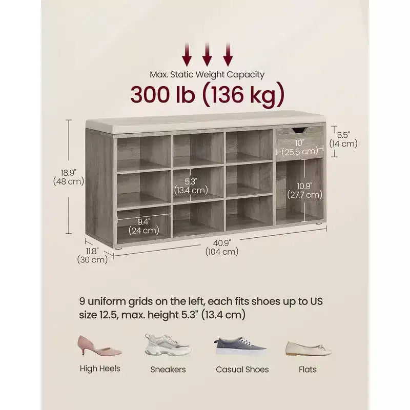 Banc de rangement avec coussin, tiroir et compartiments ouverts Organisez facilement chaussures et essentiels