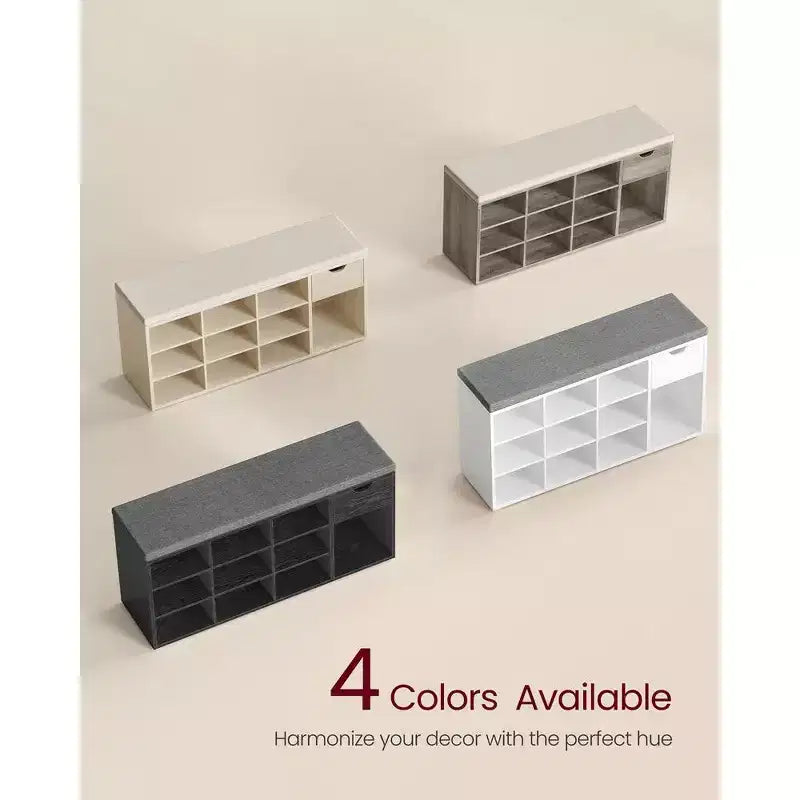 Banc de rangement avec coussin, tiroir et compartiments ouverts Organisez facilement chaussures et essentiels