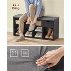 Banc de rangement avec coussin, tiroir et compartiments ouverts Organisez facilement chaussures et essentiels