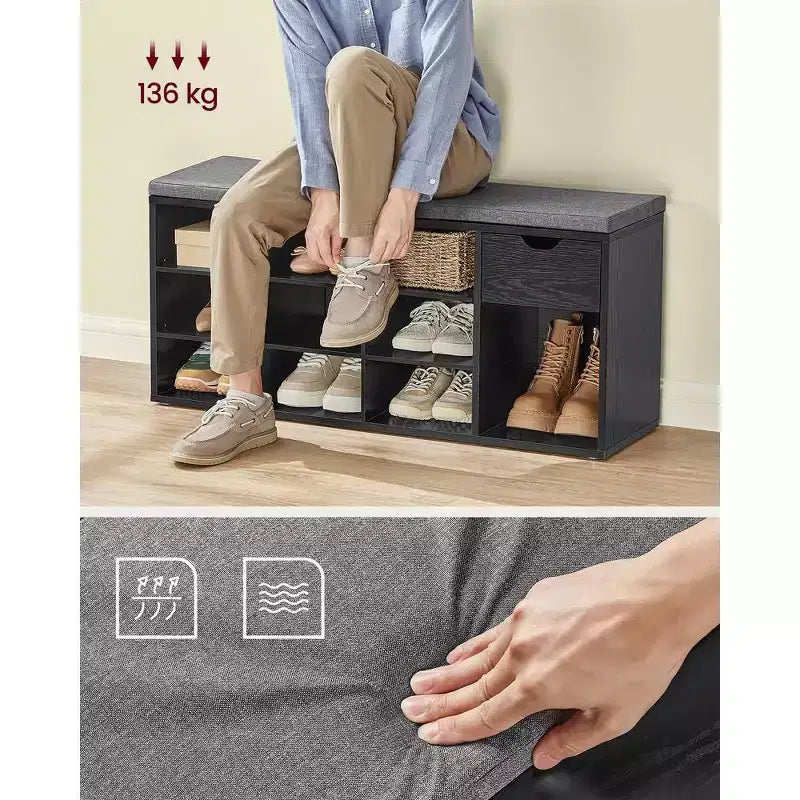 Banc de rangement avec coussin, tiroir et compartiments ouverts Organisez facilement chaussures et essentiels