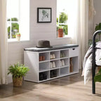 Banc de rangement avec coussin, tiroir et compartiments ouverts Organisez facilement chaussures et essentiels