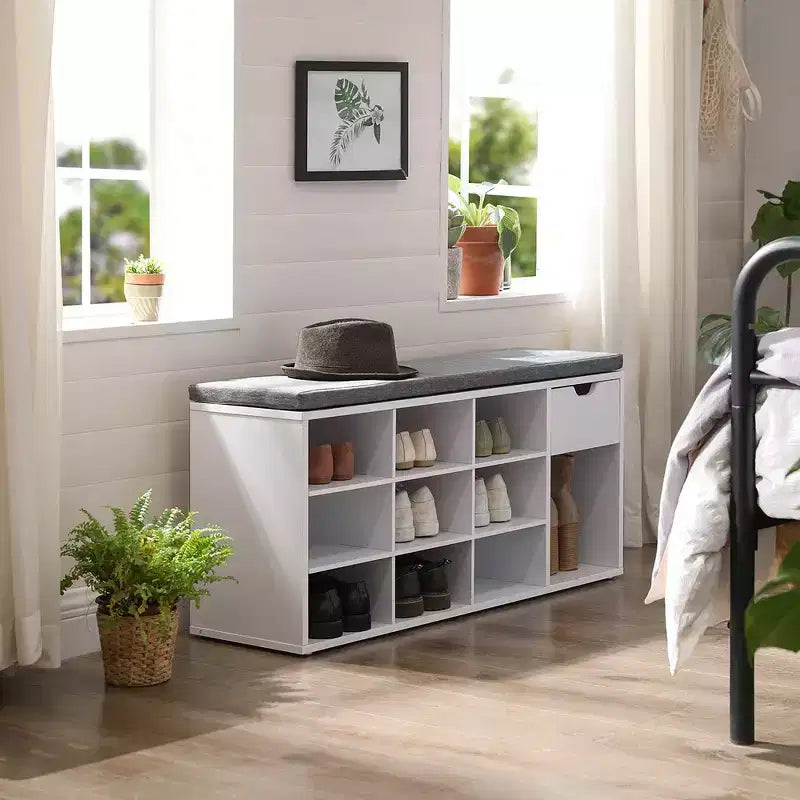 Banc de rangement avec coussin, tiroir et compartiments ouverts Organisez facilement chaussures et essentiels