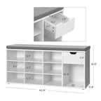 Banc de rangement avec coussin, tiroir et compartiments ouverts Organisez facilement chaussures et essentiels
