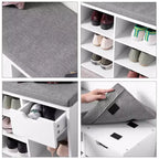 Banc de rangement avec coussin, tiroir et compartiments ouverts Organisez facilement chaussures et essentiels