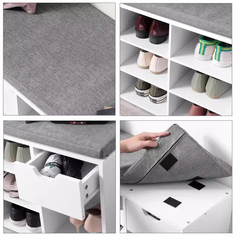 Banc de rangement avec coussin, tiroir et compartiments ouverts Organisez facilement chaussures et essentiels