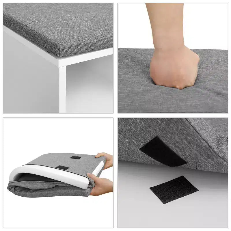 Banc de rangement avec coussin, tiroir et compartiments ouverts Organisez facilement chaussures et essentiels