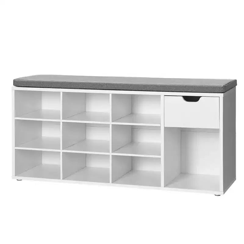 Banc de rangement avec coussin, tiroir et compartiments ouverts Organisez facilement chaussures et essentiels