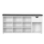 Banc de rangement avec coussin, tiroir et compartiments ouverts Organisez facilement chaussures et essentiels