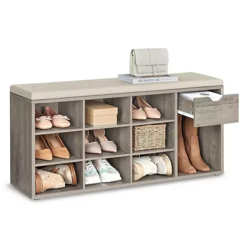Banc de rangement avec coussin, tiroir et compartiments ouverts Organisez facilement chaussures et essentiels