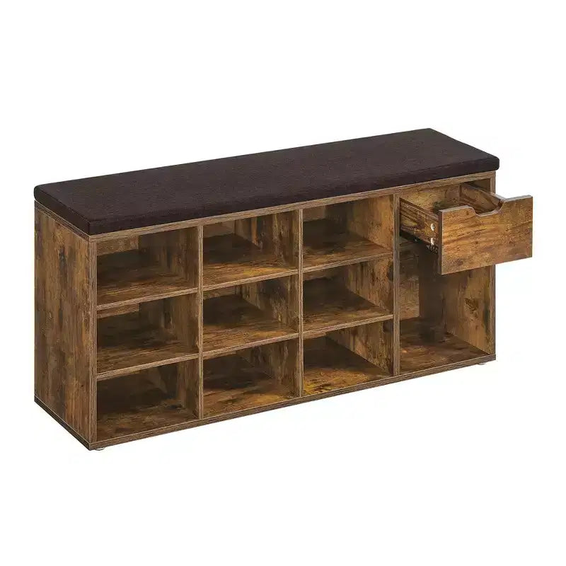 Banc de rangement avec coussin, tiroir et compartiments ouverts Organisez facilement chaussures et essentiels