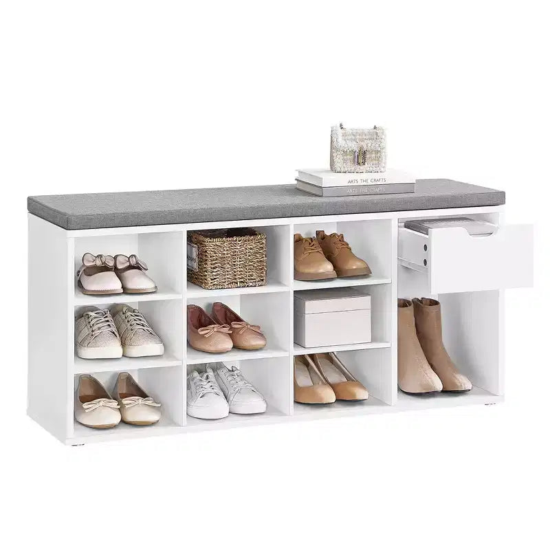 Banc de rangement avec coussin, tiroir et compartiments ouverts Organisez facilement chaussures et essentiels