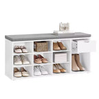 Banc de rangement avec coussin, tiroir et compartiments ouverts Organisez facilement chaussures et essentiels