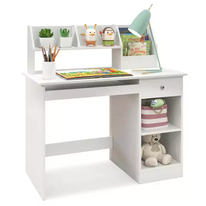 Costway Bureau d'étude pour enfants Table d'écriture pour enfants avec huche Tiroir Étagères et plateau de clavier