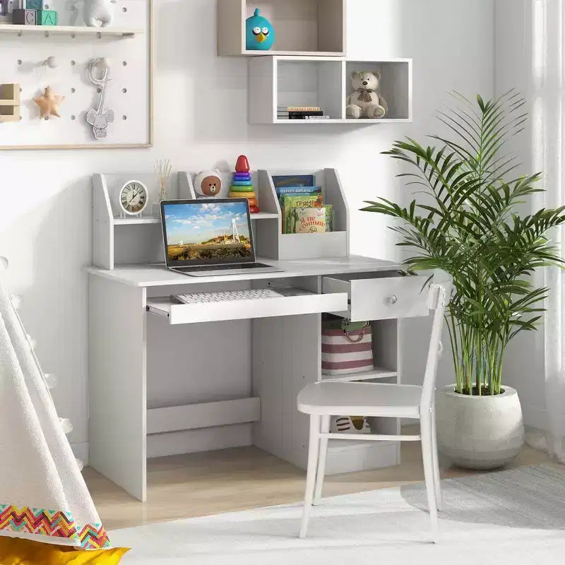 Costway Bureau d'étude pour enfants Table d'écriture pour enfants avec huche Tiroir Étagères et plateau de clavier