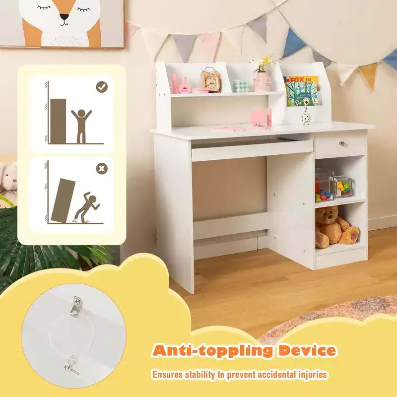 Costway Bureau d'étude pour enfants Table d'écriture pour enfants avec huche Tiroir Étagères et plateau de clavier