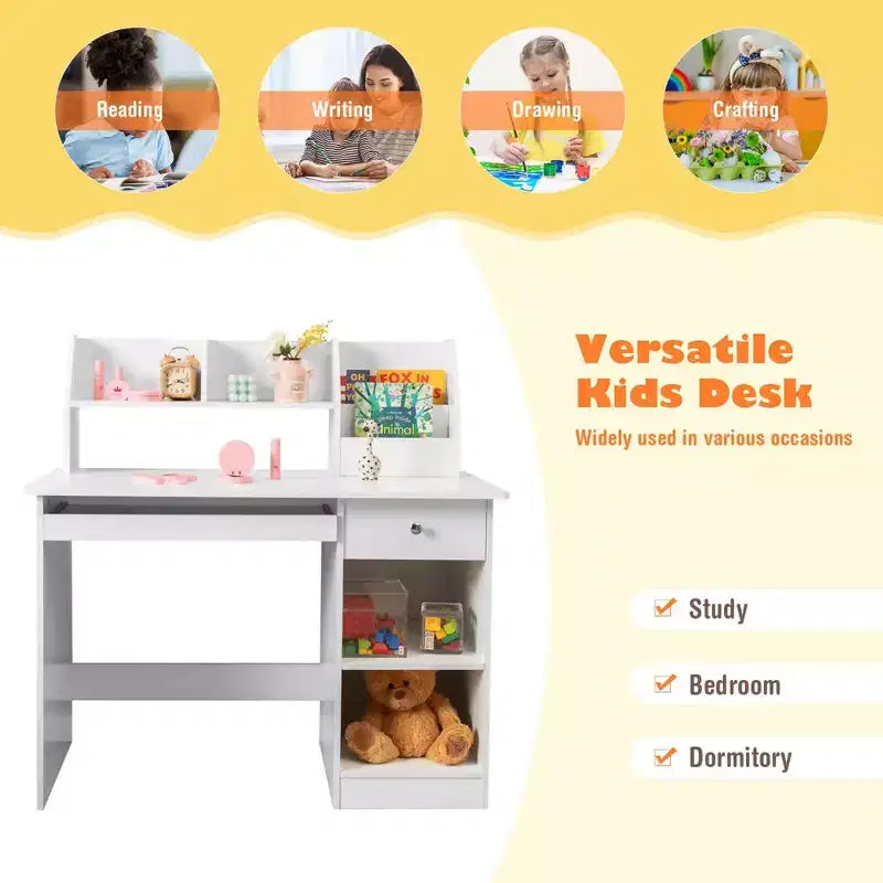 Costway Bureau d'étude pour enfants Table d'écriture pour enfants avec huche Tiroir Étagères et plateau de clavier