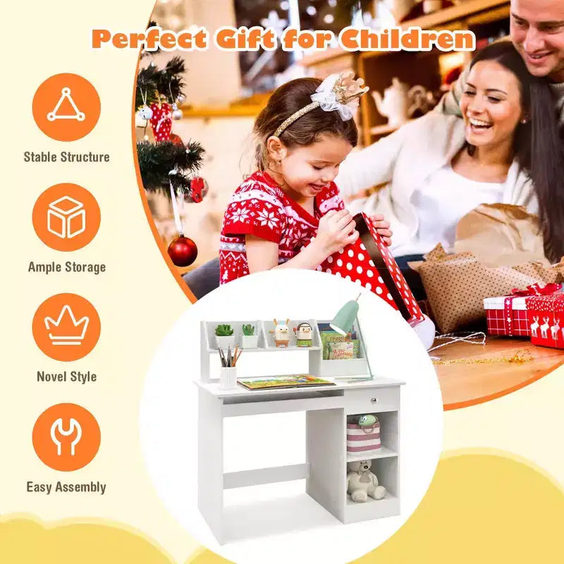 Costway Bureau d'étude pour enfants Table d'écriture pour enfants avec huche Tiroir Étagères et plateau de clavier