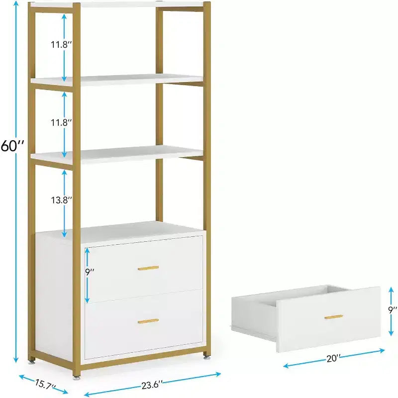 Étagère à livres 4 niveaux Lantine avec 2 tiroirs