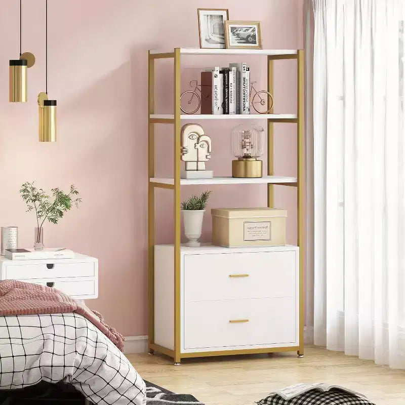 Étagère à livres 4 niveaux Lantine avec 2 tiroirs