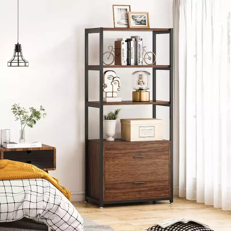 Étagère à livres 4 niveaux Lantine avec 2 tiroirs