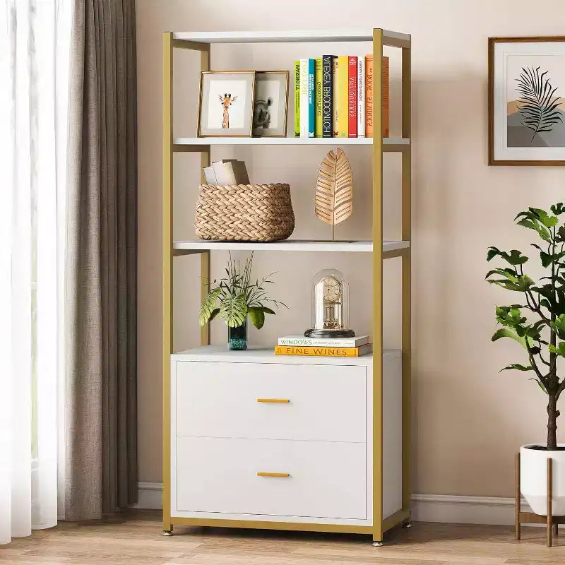 Étagère à livres 4 niveaux Lantine avec 2 tiroirs