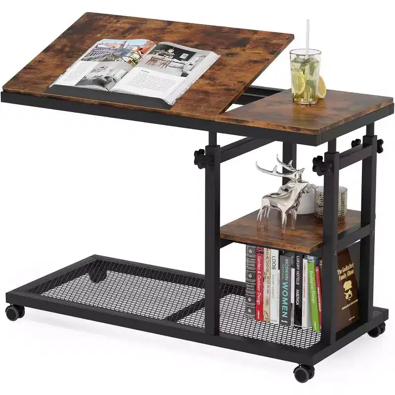 Tribesigns Height Adjustable End Table, C-Type Side Table with Wheels