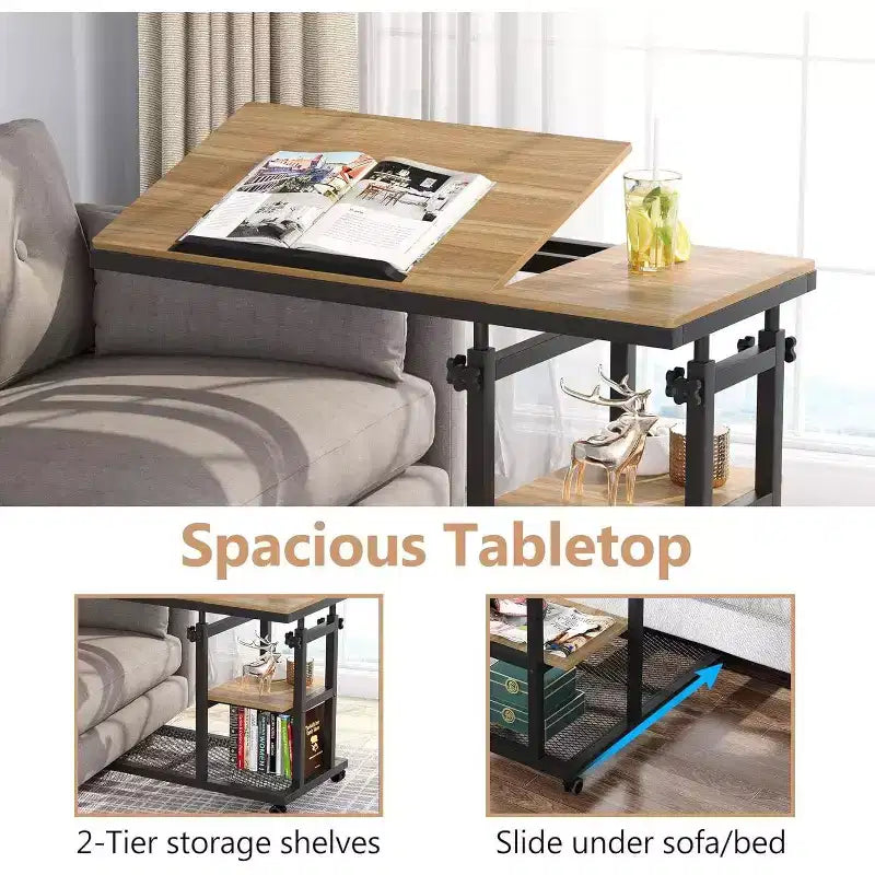 Tribesigns Table d'appoint réglable en hauteur, Table d'appoint en C avec roulettes