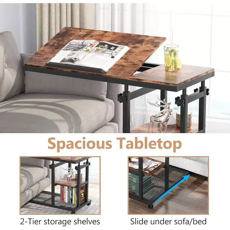 Tribesigns Table d'appoint réglable en hauteur, Table d'appoint en C avec roulettes