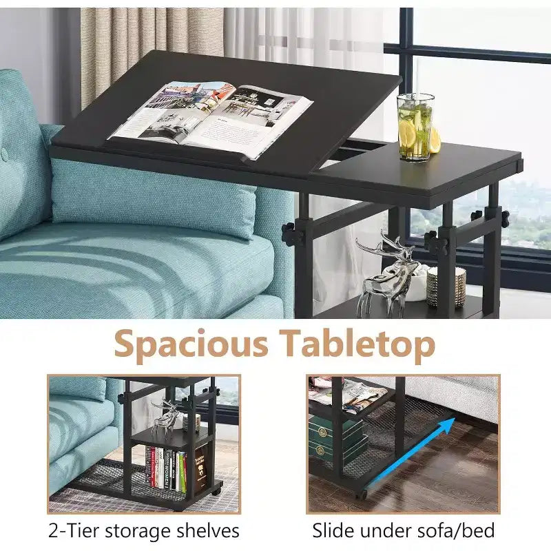 Tribesigns Table d'appoint réglable en hauteur, Table d'appoint en C avec roulettes