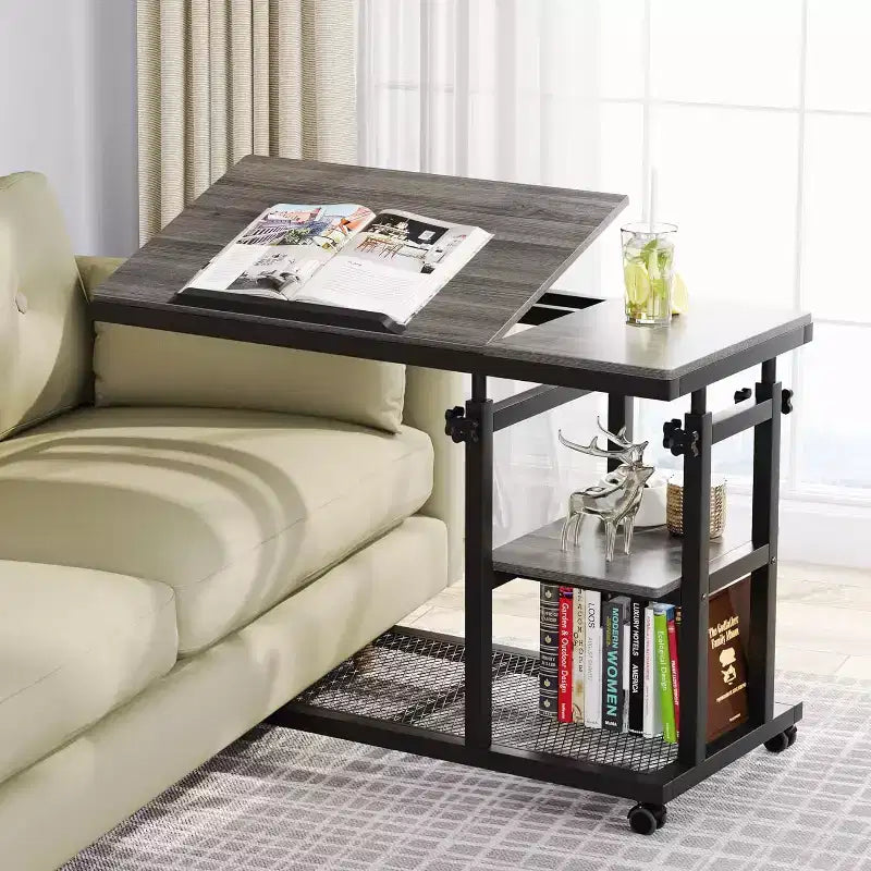 Tribesigns Table d'appoint réglable en hauteur, Table d'appoint en C avec roulettes