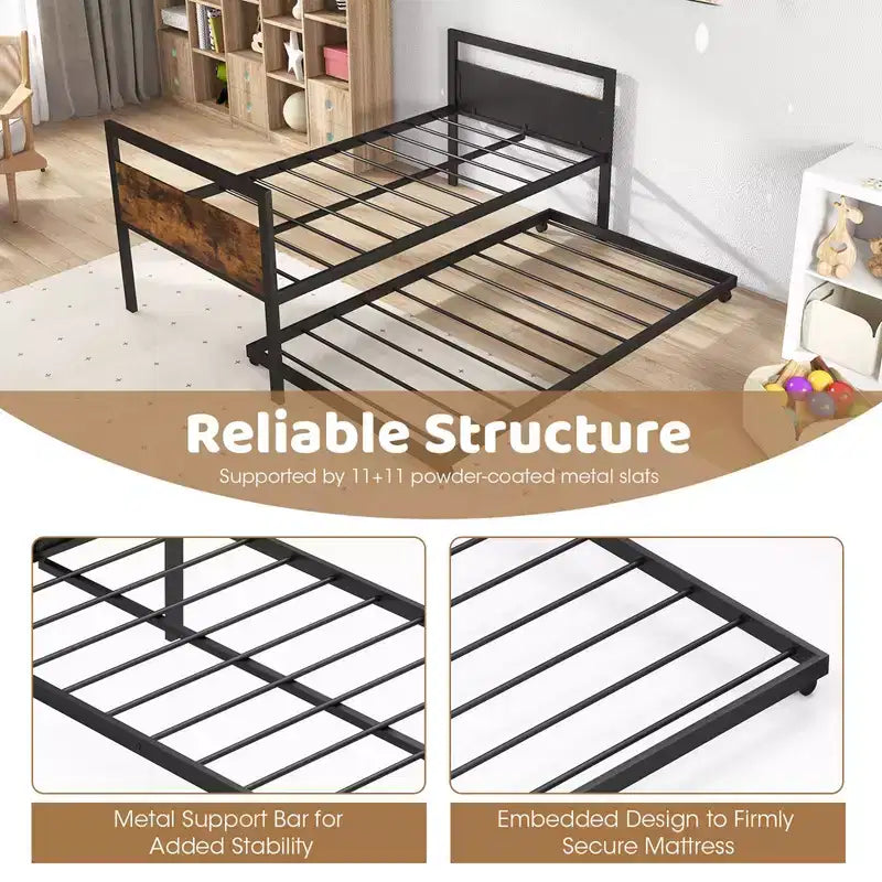Lit de repos double en métal Costway avec roulettes verrouillables et lattes métalliques robustes