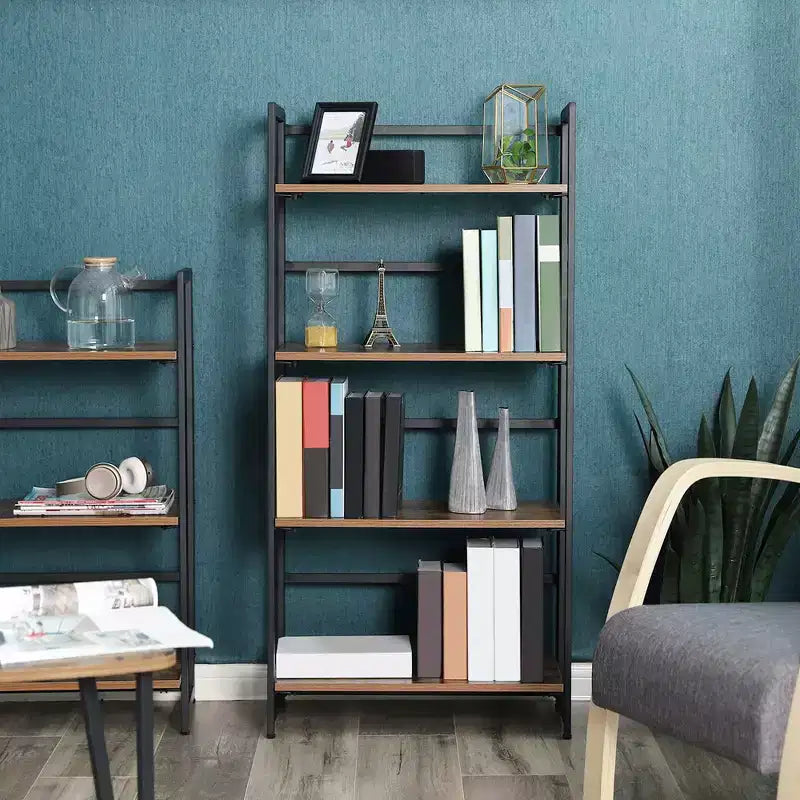 VASAGLE Industrial Bookshelf Folding Bookcase 4-Tier Ladder Shelf Wood Look Accent Furniture with Metal Frame Rustic Brown