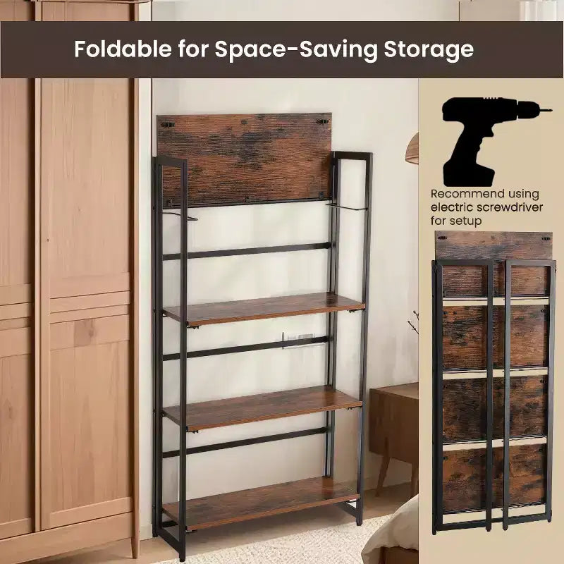 VASAGLE Étagère Industrielle Pliante Bibliothèque 4 Niveaux Étagère Échelle Effet Bois Meuble d'Appoint avec Cadre Métallique Marron Rustique
