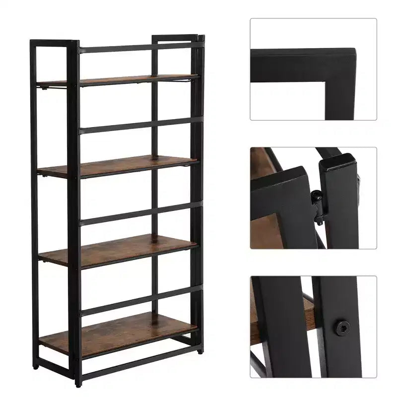 VASAGLE Étagère Industrielle Pliante Bibliothèque 4 Niveaux Étagère Échelle Effet Bois Meuble d'Appoint avec Cadre Métallique Marron Rustique