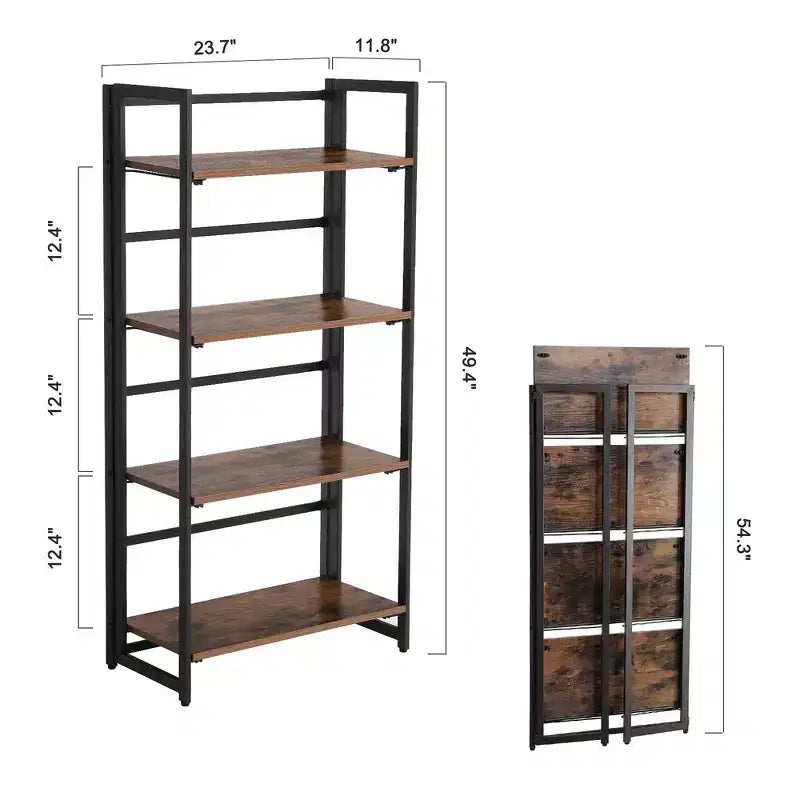 VASAGLE Étagère Industrielle Pliante Bibliothèque 4 Niveaux Étagère Échelle Effet Bois Meuble d'Appoint avec Cadre Métallique Marron Rustique