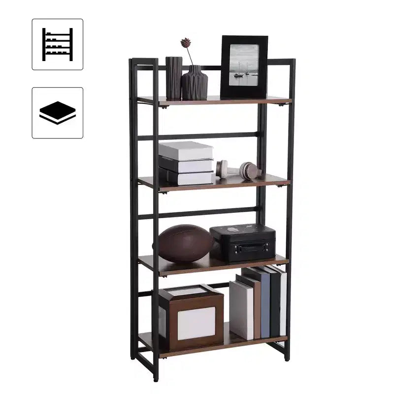 VASAGLE Étagère Industrielle Pliante Bibliothèque 4 Niveaux Étagère Échelle Effet Bois Meuble d'Appoint avec Cadre Métallique Marron Rustique
