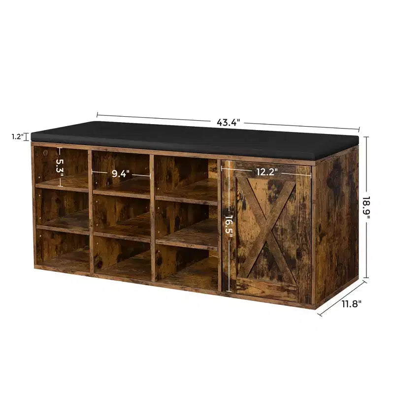 VASAGLE Banc de rangement avec placard et 9 compartiments ouverts 30 x 110 x 48 cm Marron rustique